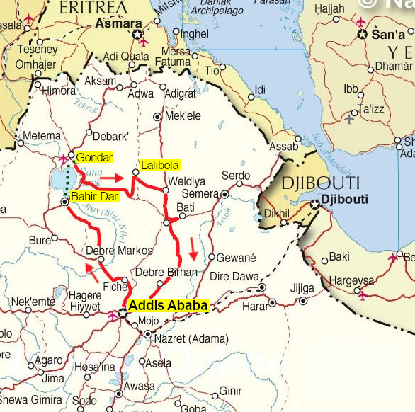 Karte zur Tour 410 – Gondar, Tanasee, Felskirchen in Äthiopien