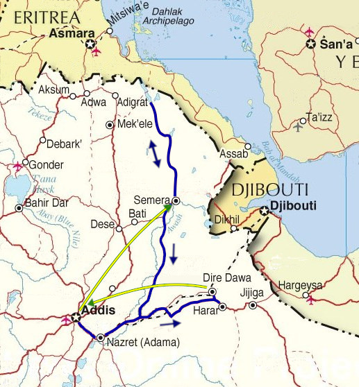 Karte zur Tour 415 - Danakilwüste und Ost-Äthiopien